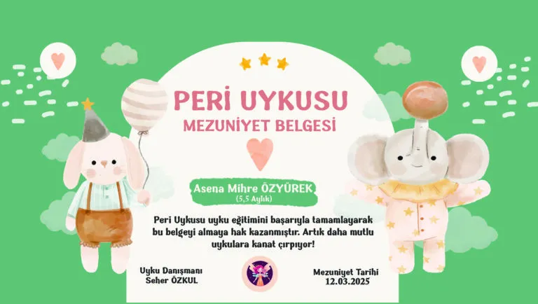 Asena Mi̇hre Özyürek bebeğin Peri Uykusu uyku eğitimi mezuniyet sertifikası